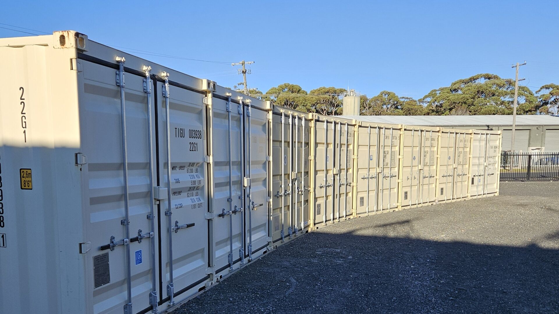 A row of storage containers at the Bermagui yard
